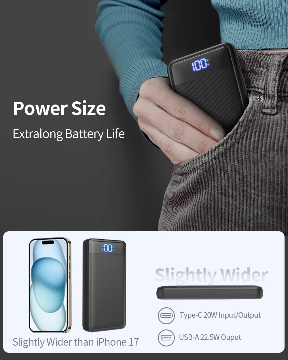 Power Bank – 26,800 mAh, 22.5 W QC + 20 W PD3.0 USB‑C, Fast Charging External Battery