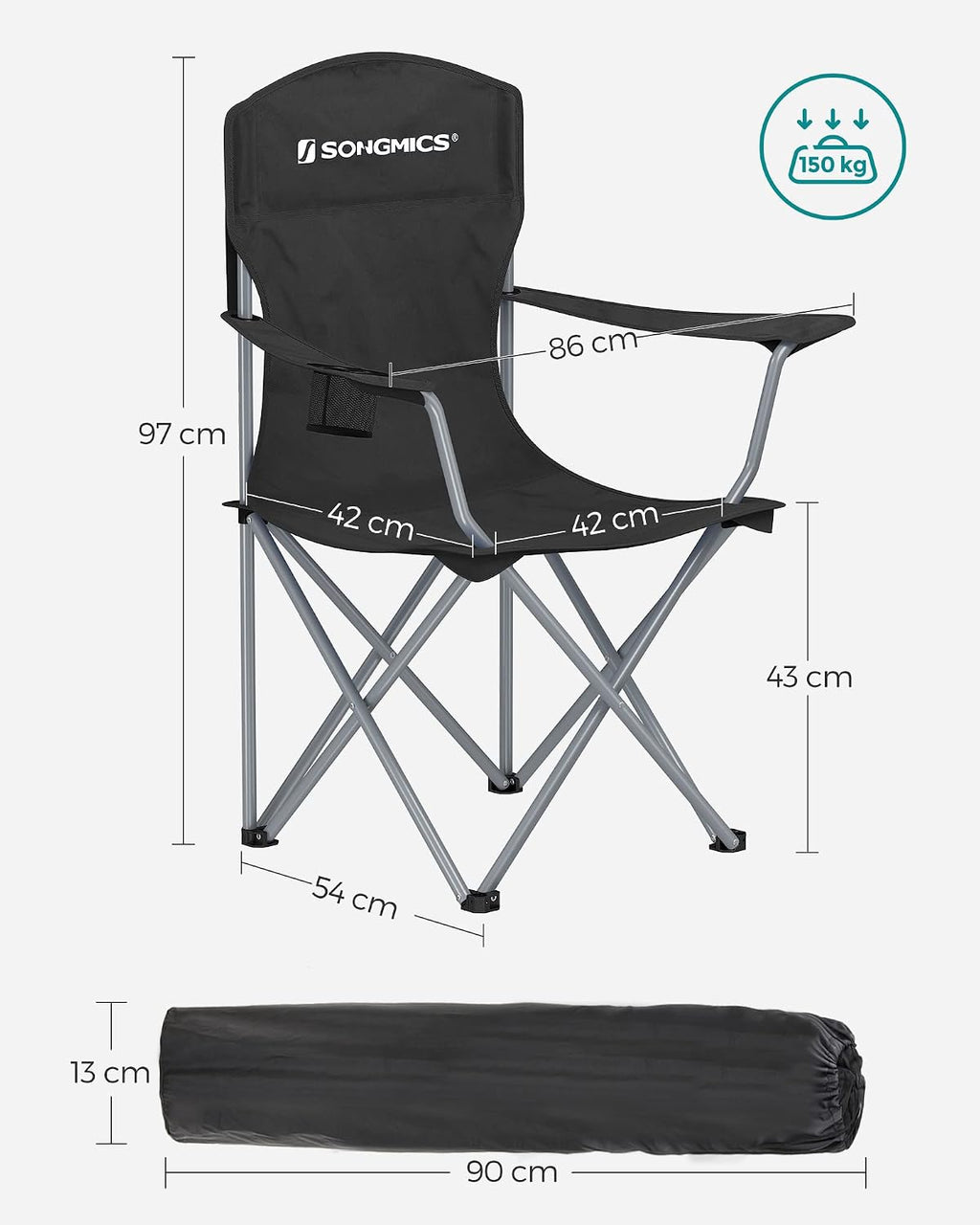 Set of 2 Folding Chairs, Camping Chairs, Comfortable Heavy Duty Structure, Maximum Load 150 kg, with Drink Holder, Outdoor