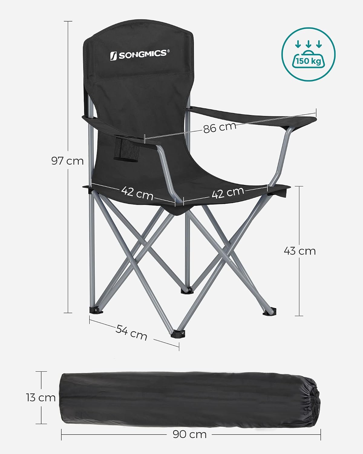 Set of 2 Folding Chairs, Camping Chairs, Comfortable Heavy Duty Structure, Maximum Load 150 kg, with Drink Holder, Outdoor