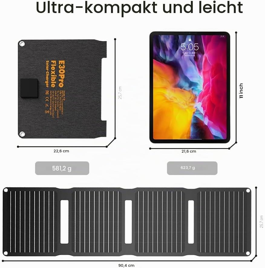 Portable Foldable Solar Panel – 30W QC3.0 with USB‑A & USB‑C, ETFE, IP67 Waterproof