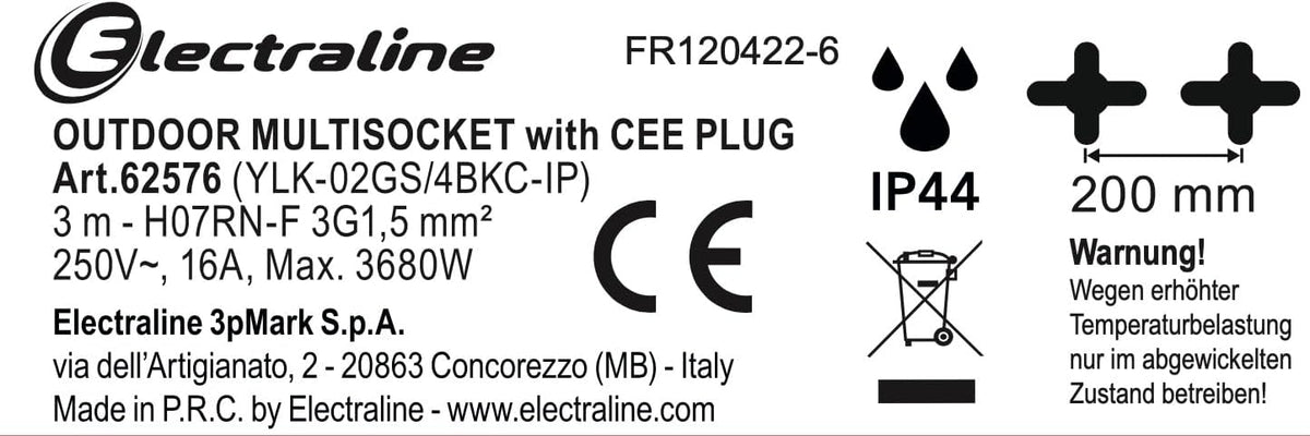 Professional Outdoor Power Strip – CEE Plug, 4 IP44 Schuko Sockets, 3 m H07RN‑F 3G1.5 Rubber Cable