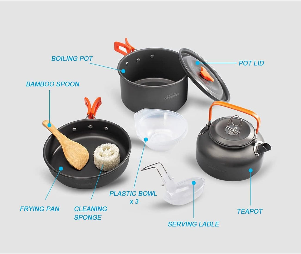 Camping Cookware Set – 14‑Piece Aluminium Outdoor Cooking Pot, Frying Pan & Teapot Kit with Tableware
