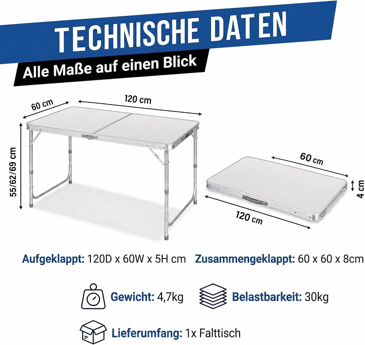 Multifunctional folding table, for camping, markets, wallpaper table, for festivals in the garden, height-adjustable