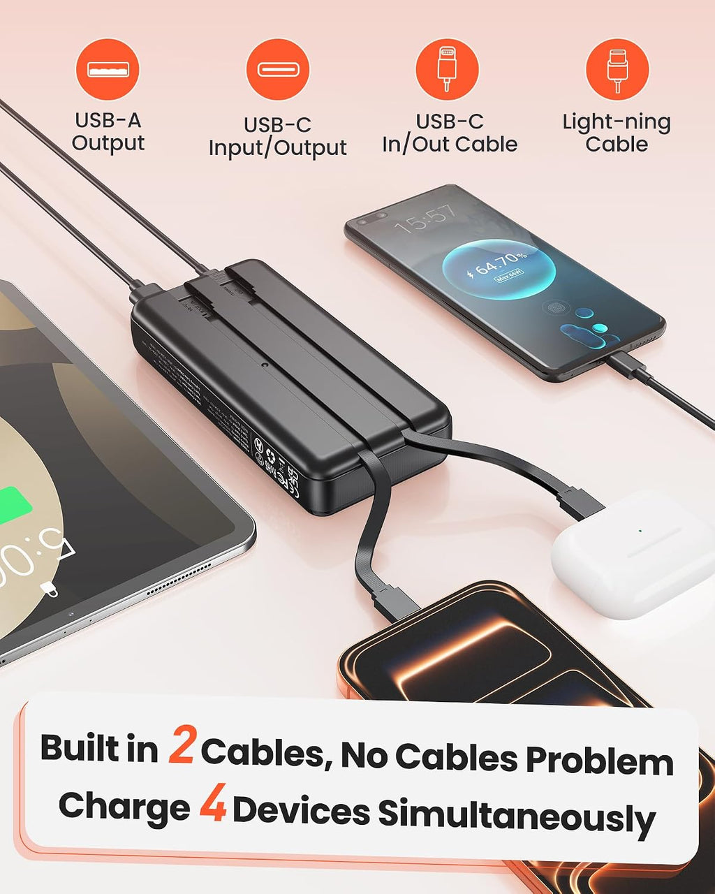 27000mAh Solar Power Bank, Power Bank with 2 cables, 22.5W Fast-charging Power Bank, Portable Charger Suitable for Smartphones
