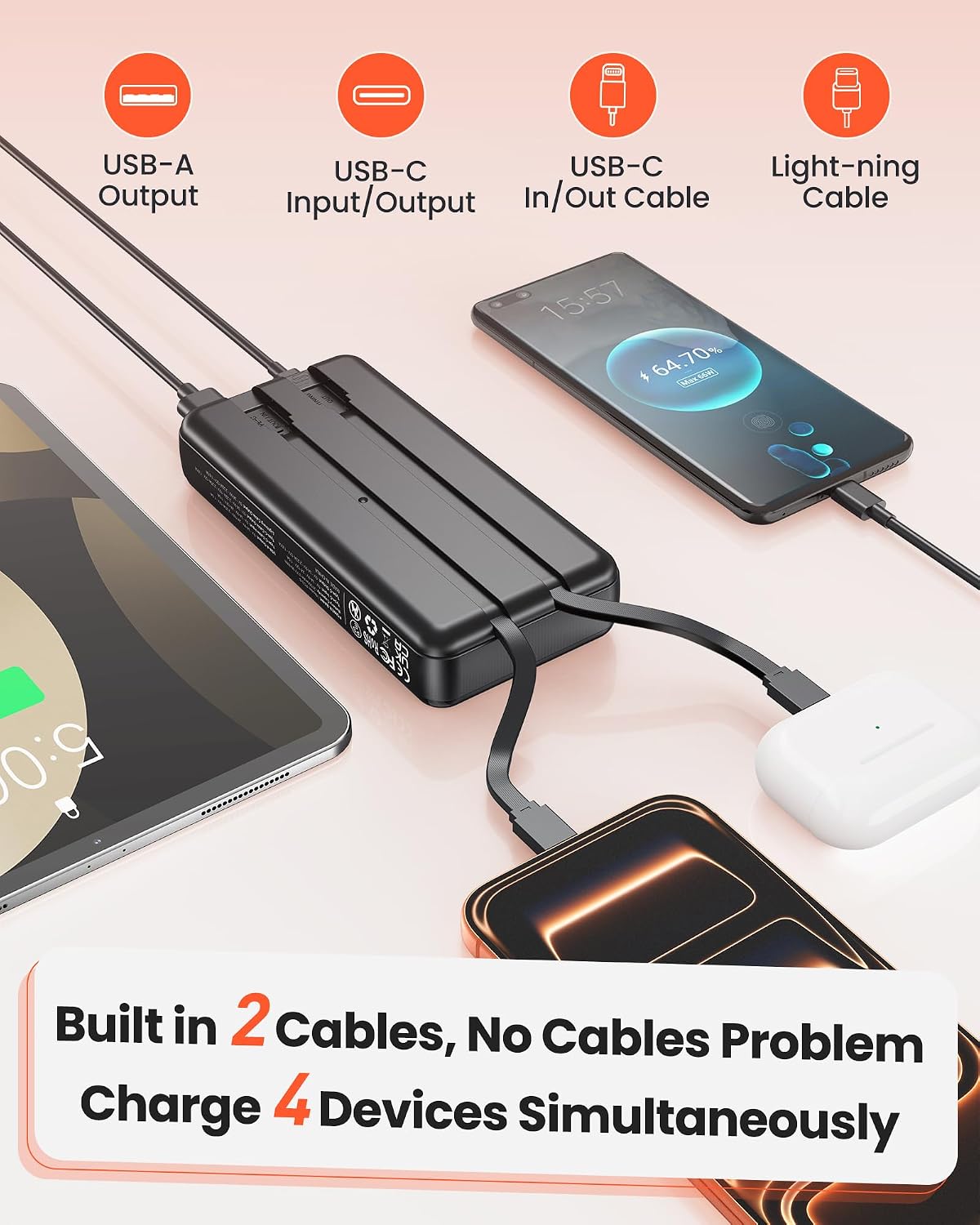 27000mAh Solar Power Bank, Power Bank with 2 cables, 22.5W Fast-charging Power Bank, Portable Charger Suitable for Smartphones