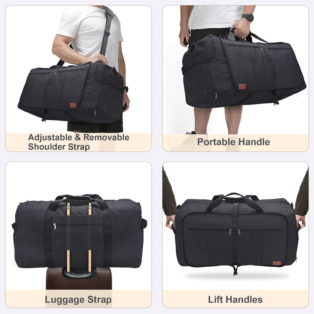 Large Weekender Travel Bag – 120 L, Foldable, Waterproof, Shoe Compartment, Multiple Pockets, Adjustable Strap (Black)