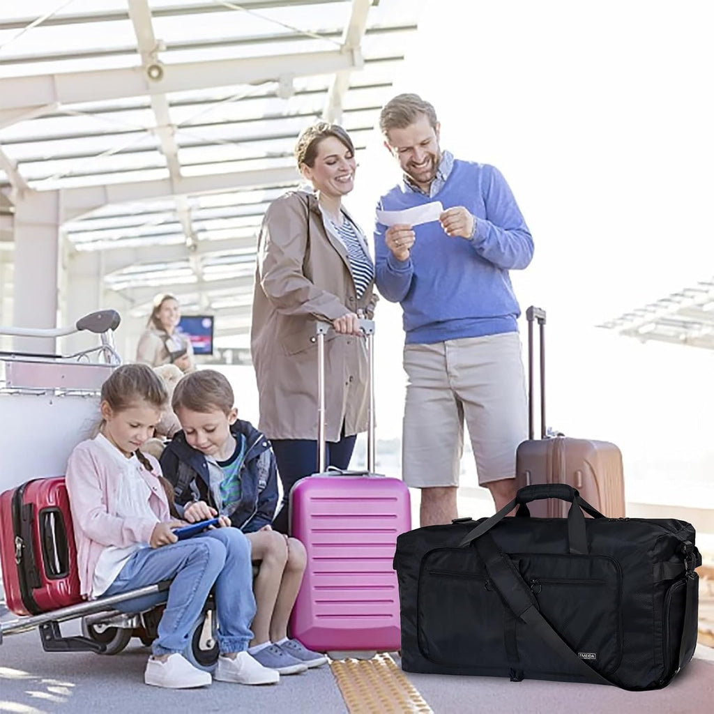 Large Foldable Travel Bag – 65 L, Nylon, Multiple Pockets, Shoe Compartment, Adjustable Shoulder Strap