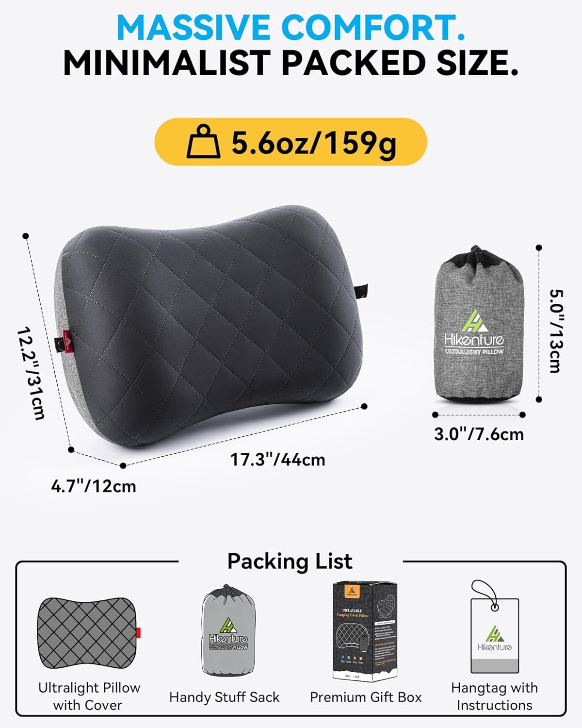 Inflatable Camping Travel Pillow – Removable Pillow Case, Ergonomic, Lightweight, Quick Inflation
