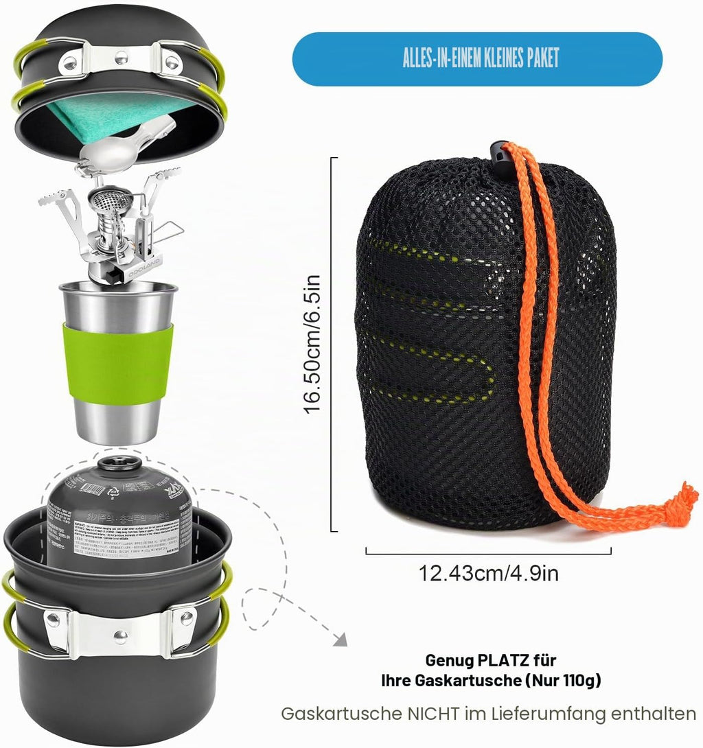 Camping Cookware Set – Odoland 10‑Piece Lightweight Outdoor Cooking Kit with Mini Stove, Aluminium Pot & Foldable Cutlery