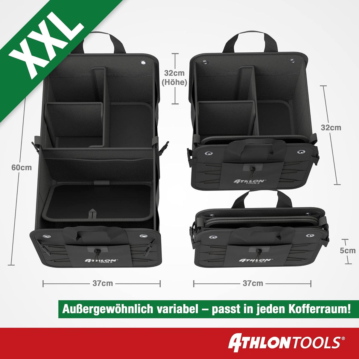 Premium Car Boot Bag – XXL 60 L, Lid Included, Extra Sturdy, Waterproof Base, Foldable with Non‑Slip Velcro
