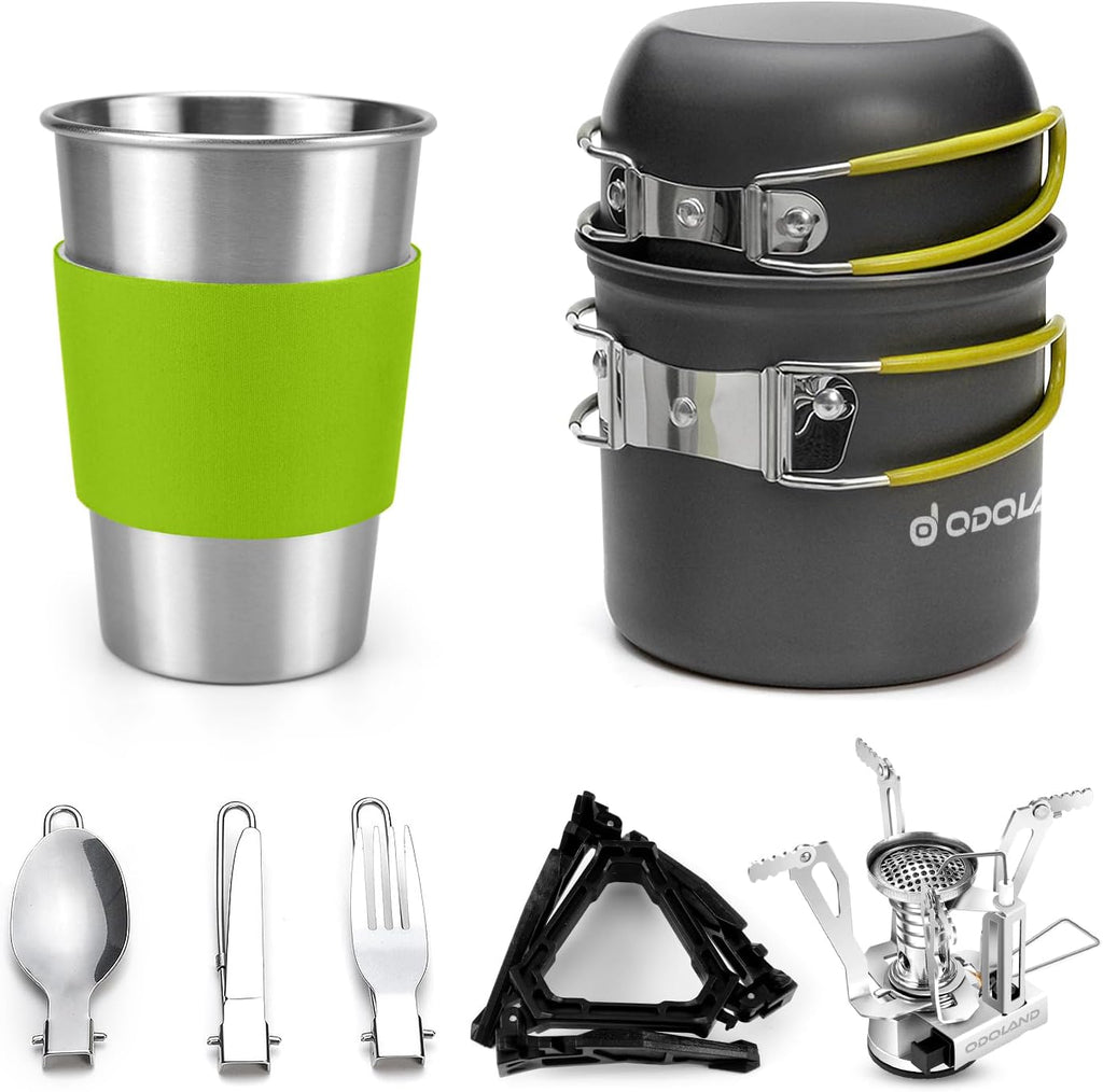 Camping Cookware Set – Odoland 10‑Piece Lightweight Outdoor Cooking Kit with Mini Stove, Aluminium Pot & Foldable Cutlery