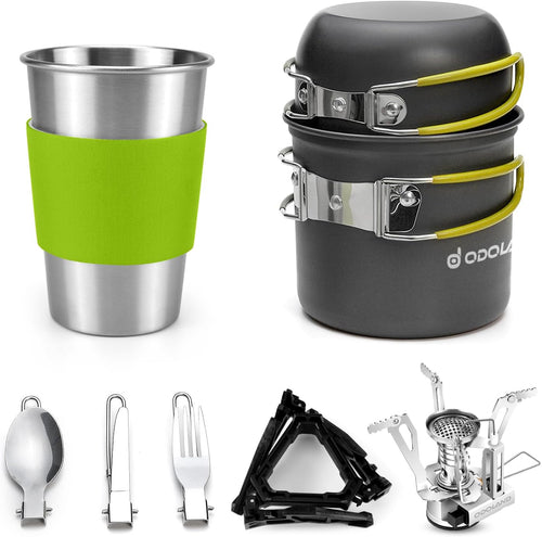Set de utensilios de cocina para camping – Kit de cocina ligero para exteriores de 10 piezas Odoland con miniestufa, olla de aluminio y cubiertos plegables