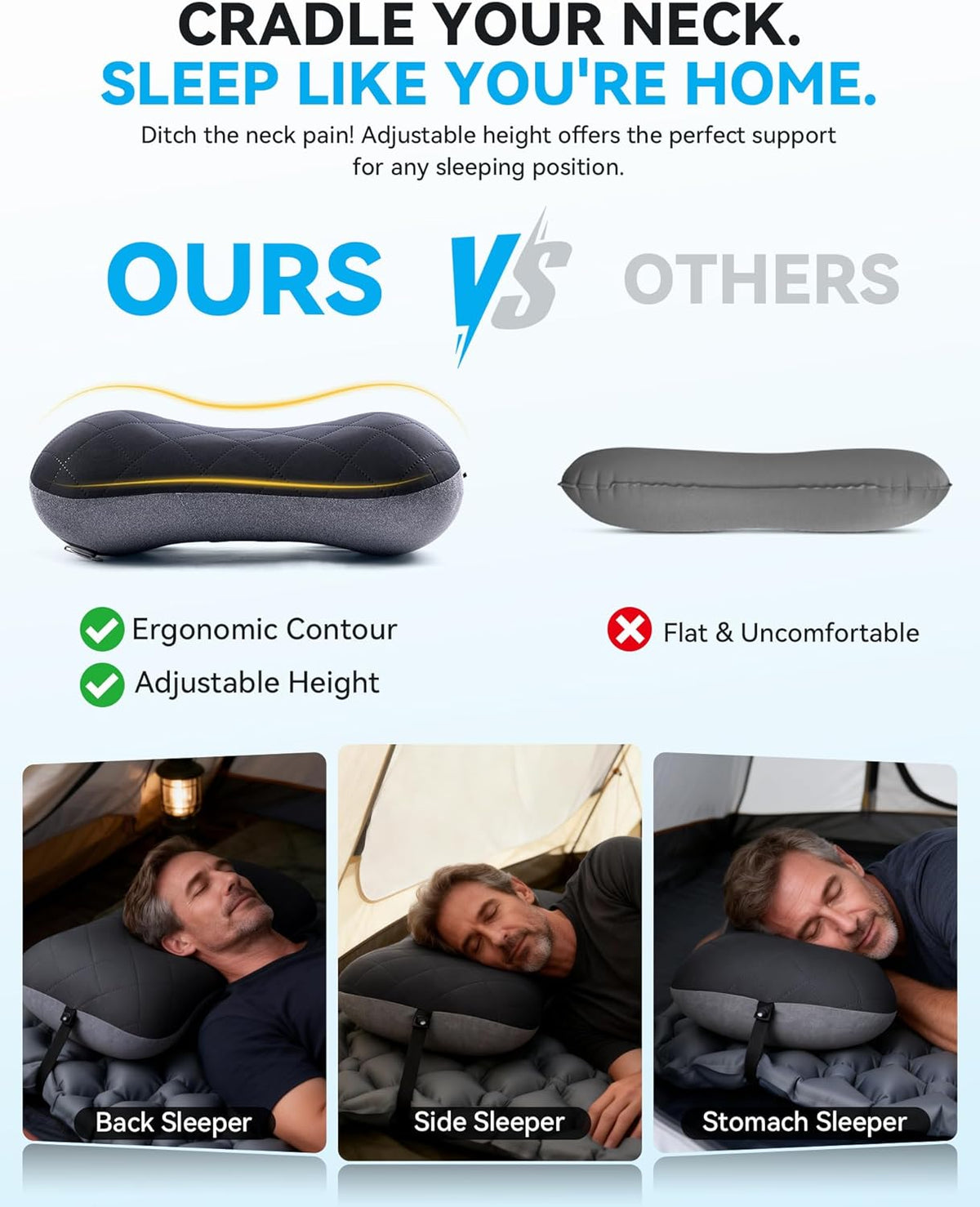 Inflatable Camping Travel Pillow – Removable Pillow Case, Ergonomic, Lightweight, Quick Inflation