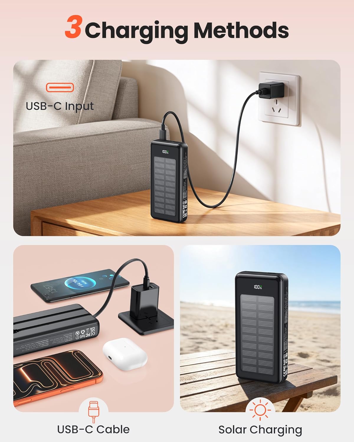 27000mAh Solar Power Bank, Power Bank with 2 cables, 22.5W Fast-charging Power Bank, Portable Charger Suitable for Smartphones
