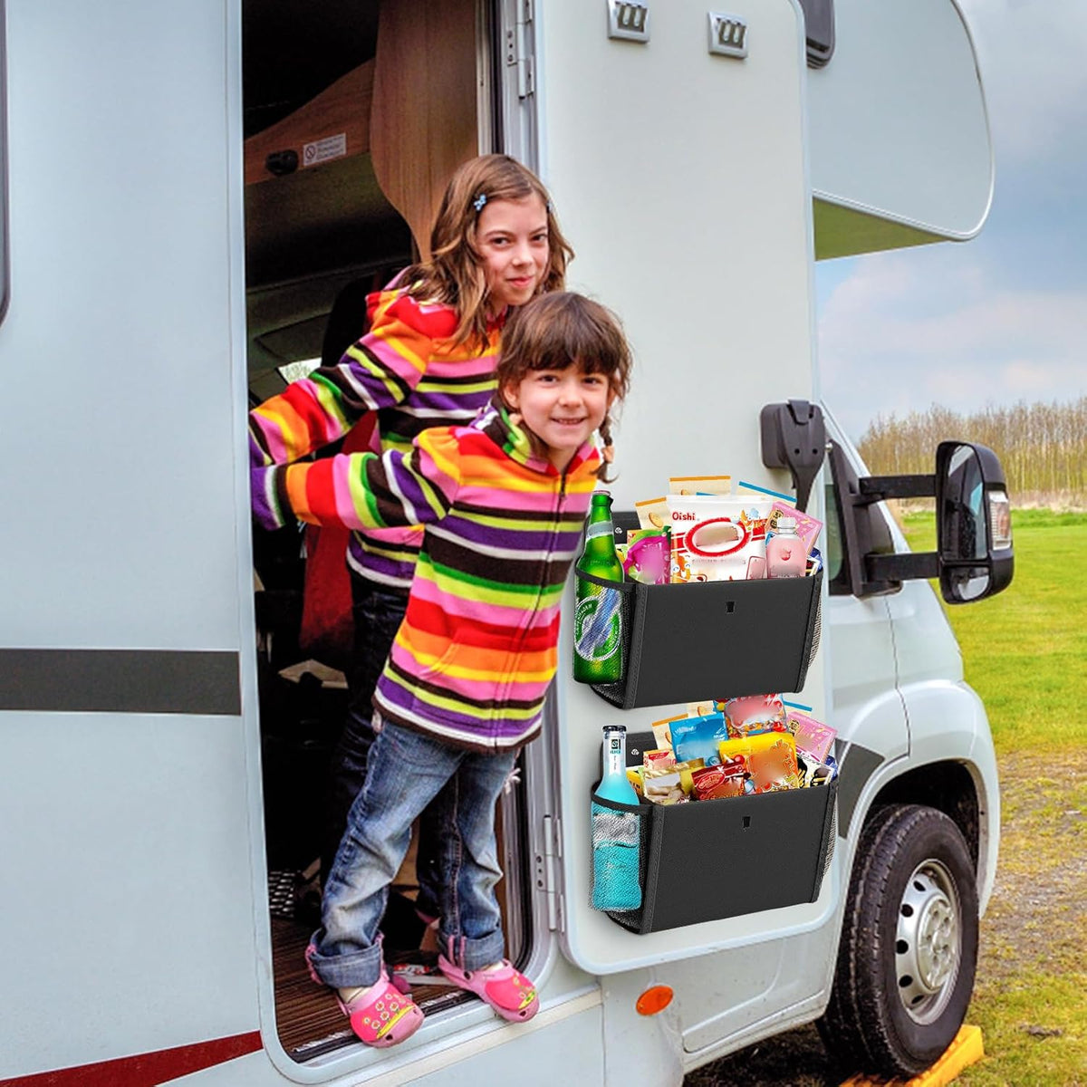 Pack of 2 Motorhome Organisers – Self‑Adhesive, No Drilling, Foldable Hanging Shelf with Large Pockets