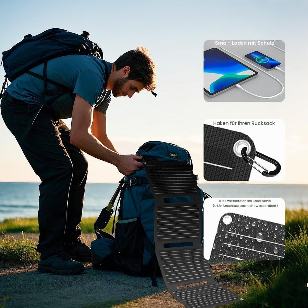 Portable Foldable Solar Panel – 30W QC3.0 with USB‑A & USB‑C, ETFE, IP67 Waterproof
