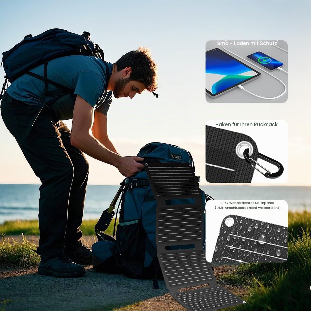 Portable Foldable Solar Panel – 30W QC3.0 with USB‑A & USB‑C, ETFE, IP67 Waterproof