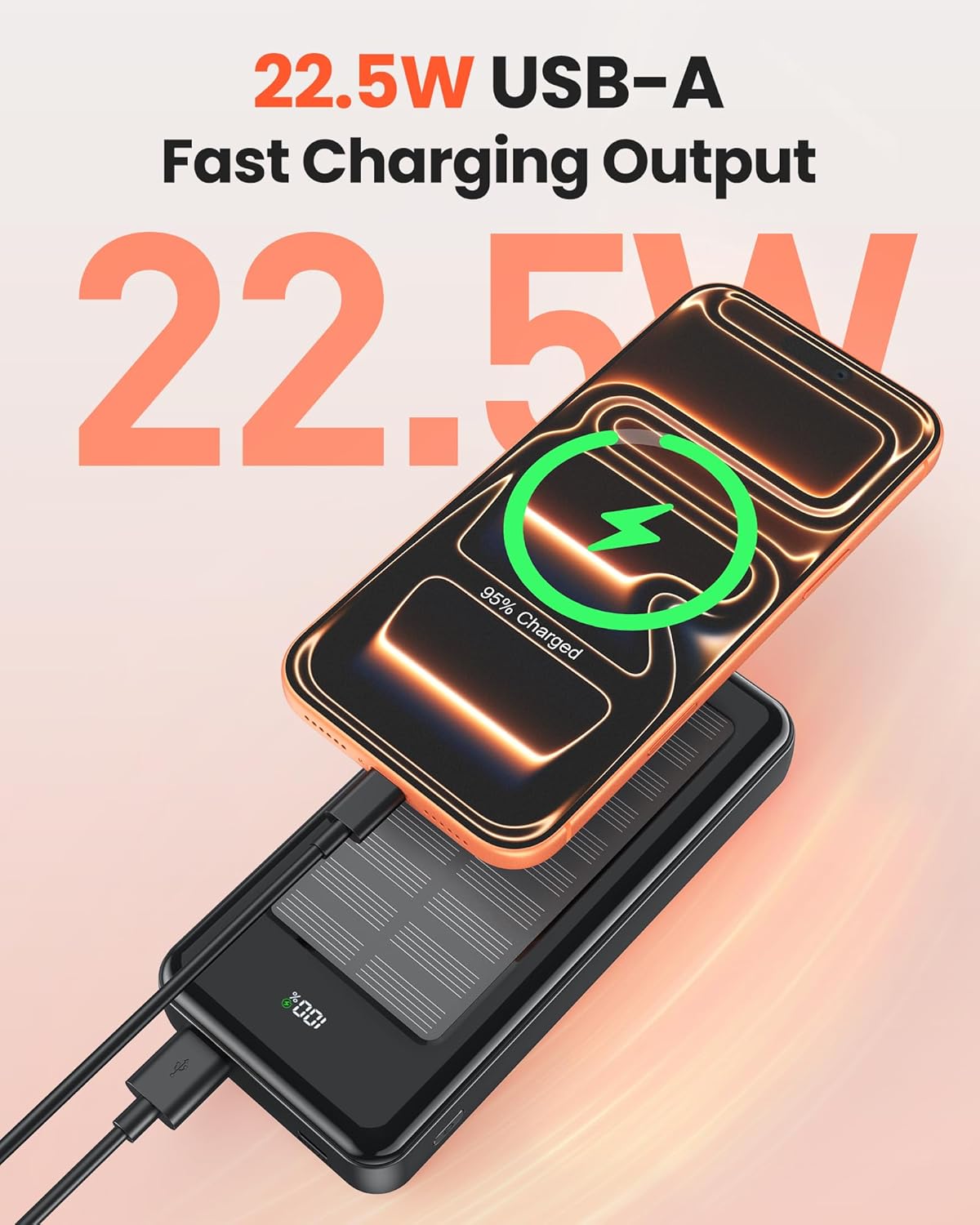 27000mAh Solar Power Bank, Power Bank with 2 cables, 22.5W Fast-charging Power Bank, Portable Charger Suitable for Smartphones