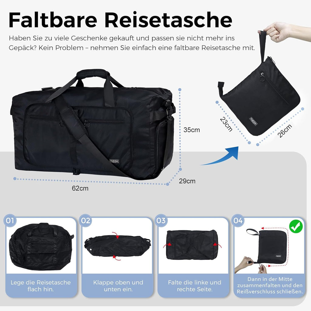 Large Foldable Travel Bag – 65 L, Nylon, Multiple Pockets, Shoe Compartment, Adjustable Shoulder Strap