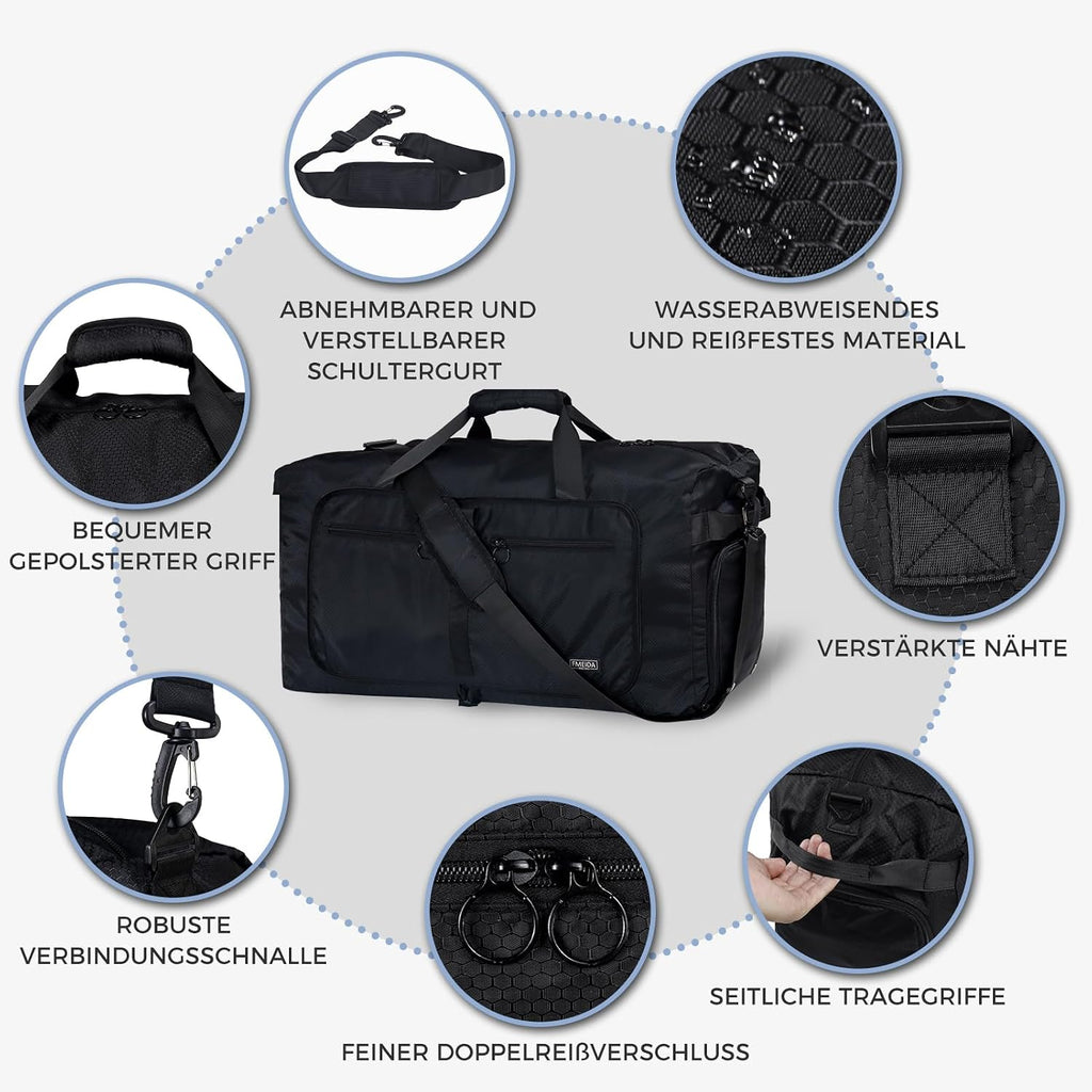 Large Foldable Travel Bag – 65 L, Nylon, Multiple Pockets, Shoe Compartment, Adjustable Shoulder Strap