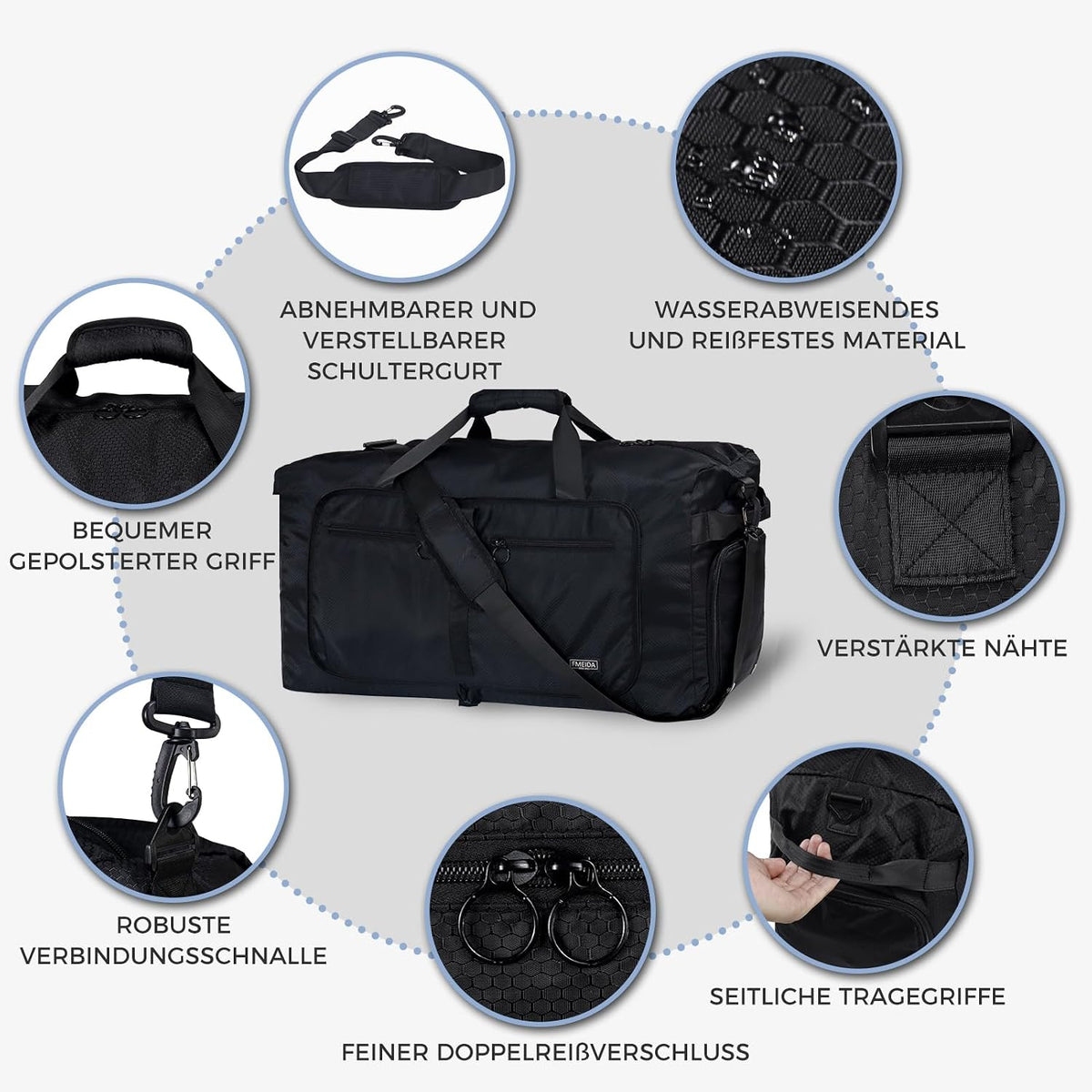 Large Foldable Travel Bag – 65 L, Nylon, Multiple Pockets, Shoe Compartment, Adjustable Shoulder Strap