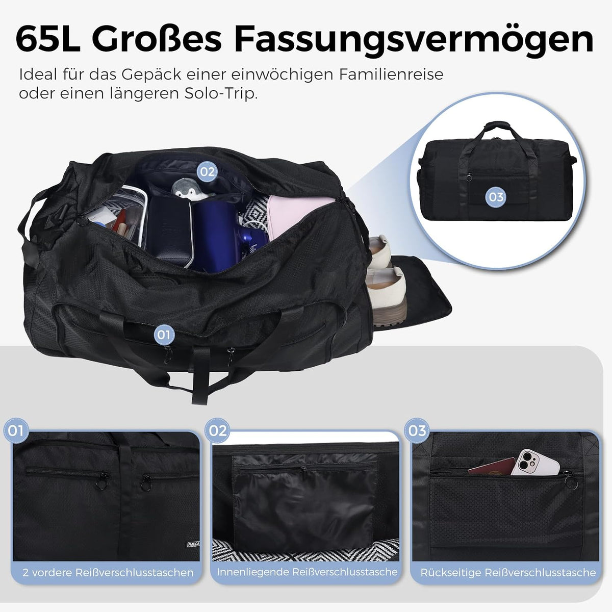 Large Foldable Travel Bag – 65 L, Nylon, Multiple Pockets, Shoe Compartment, Adjustable Shoulder Strap