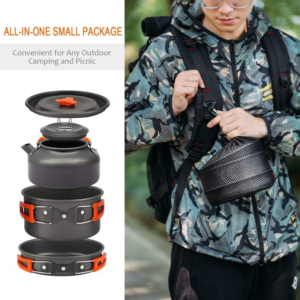 Camping Cookware Set – 14‑Piece Aluminium Outdoor Cooking Pot, Frying Pan & Teapot Kit with Tableware