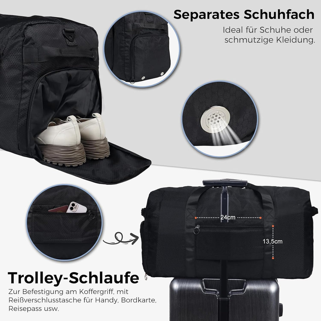 Large Foldable Travel Bag – 65 L, Nylon, Multiple Pockets, Shoe Compartment, Adjustable Shoulder Strap