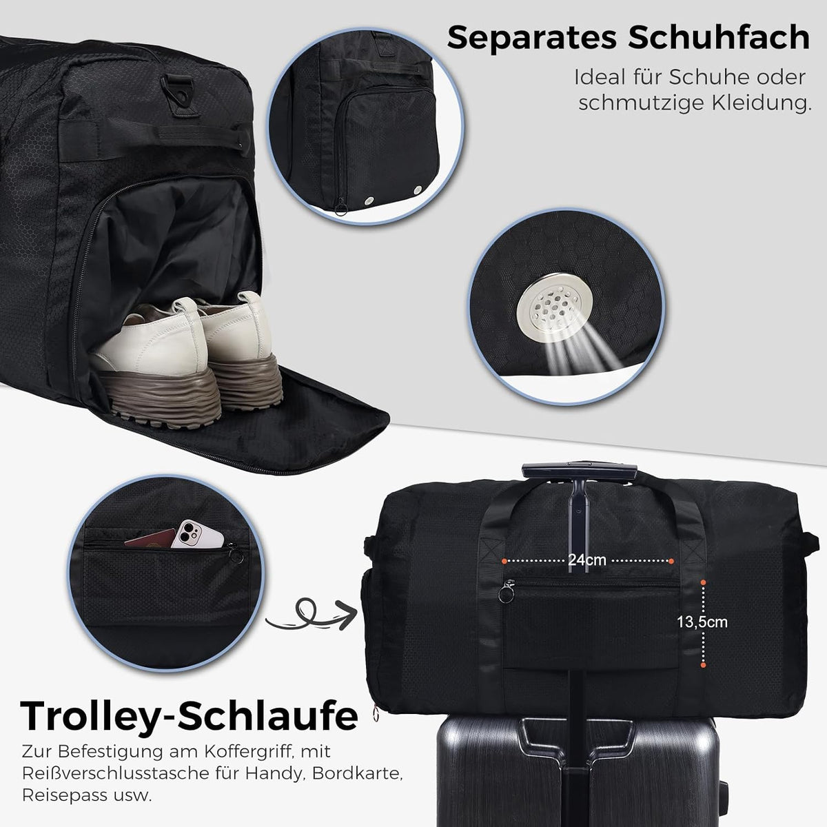 Large Foldable Travel Bag – 65 L, Nylon, Multiple Pockets, Shoe Compartment, Adjustable Shoulder Strap