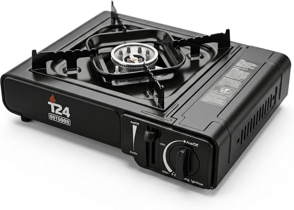 Gas Stove Set – Portable Butane Camping Stove with Piezo Ignition, Flame Protection & 8 × 227 g Gas Cartridges (Matte Black)