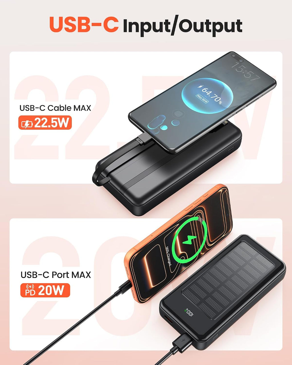 27000mAh Solar Power Bank, Power Bank with 2 cables, 22.5W Fast-charging Power Bank, Portable Charger Suitable for Smartphones