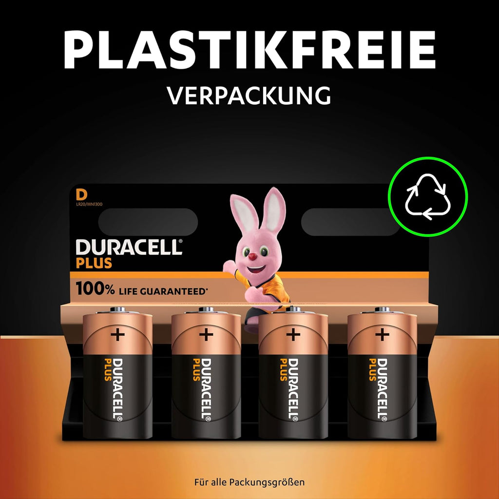 Duracell Plus D Mono Alkaline Batteries – 1.5V LR20 MN1300, Pack of 4