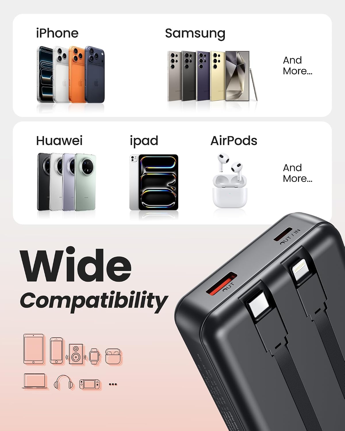 27000mAh Solar Power Bank, Power Bank with 2 cables, 22.5W Fast-charging Power Bank, Portable Charger Suitable for Smartphones