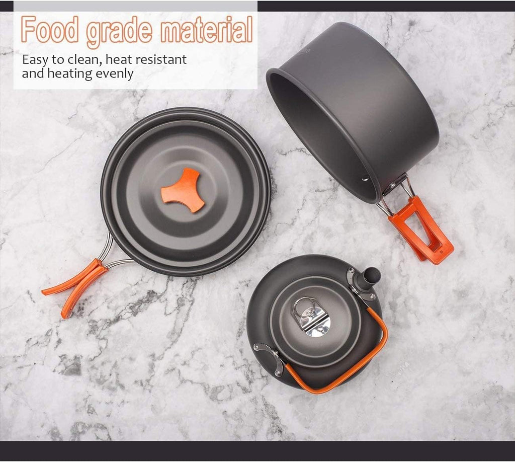 Camping Cookware Set – 14‑Piece Aluminium Outdoor Cooking Pot, Frying Pan & Teapot Kit with Tableware