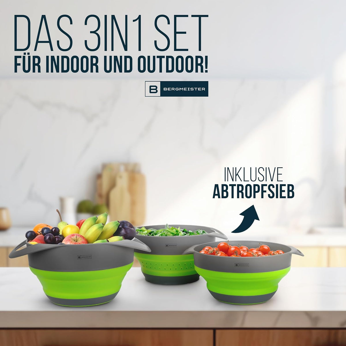 Foldable Bowl Set – 3‑in‑1 Collapsible Bowls with Colander & Noodle Strainer (1.7 L / 2.8 L)