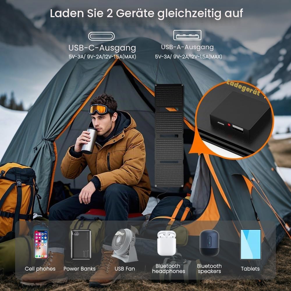 Portable Foldable Solar Panel – 30W QC3.0 with USB‑A & USB‑C, ETFE, IP67 Waterproof