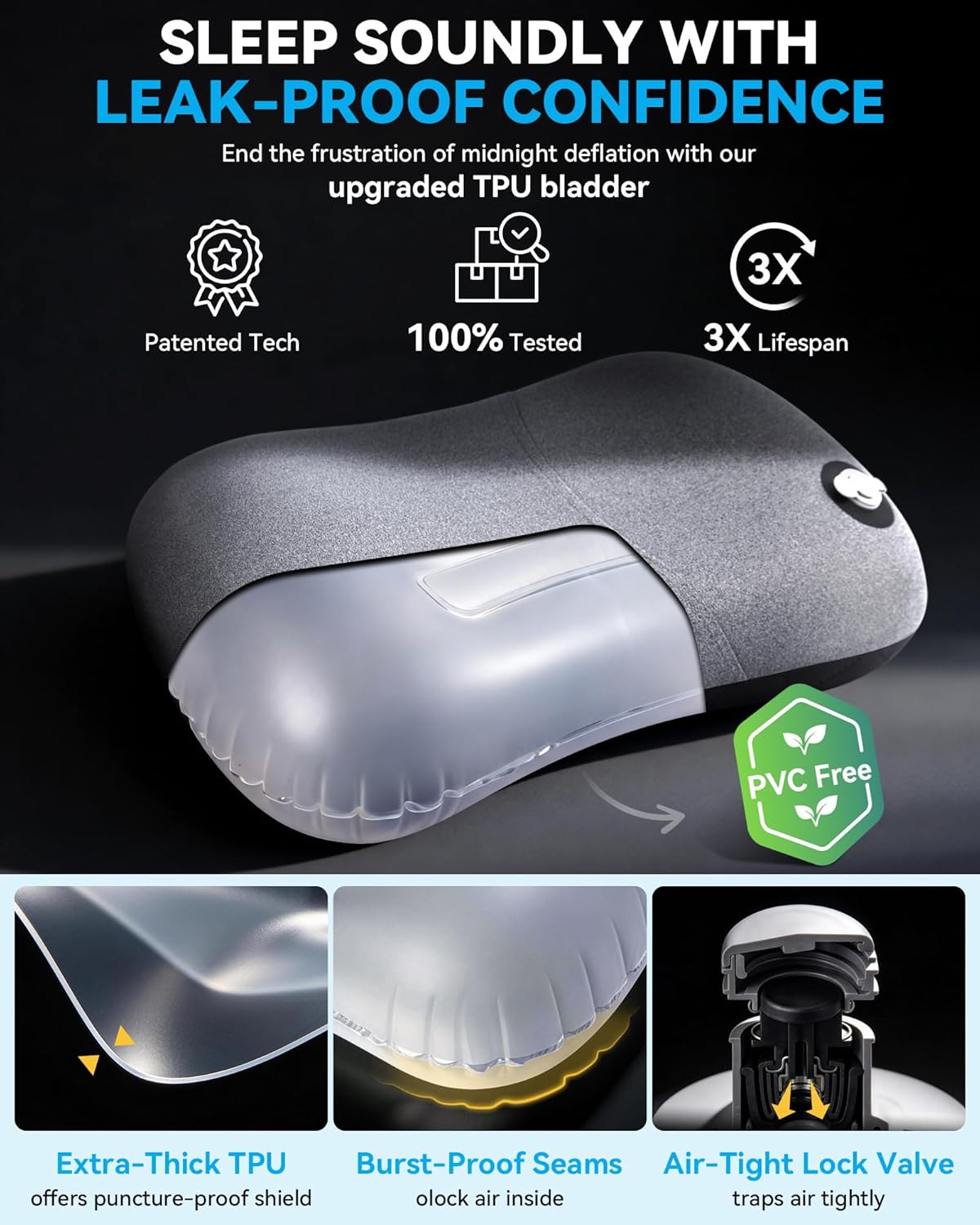 Inflatable Camping Travel Pillow – Removable Pillow Case, Ergonomic, Lightweight, Quick Inflation