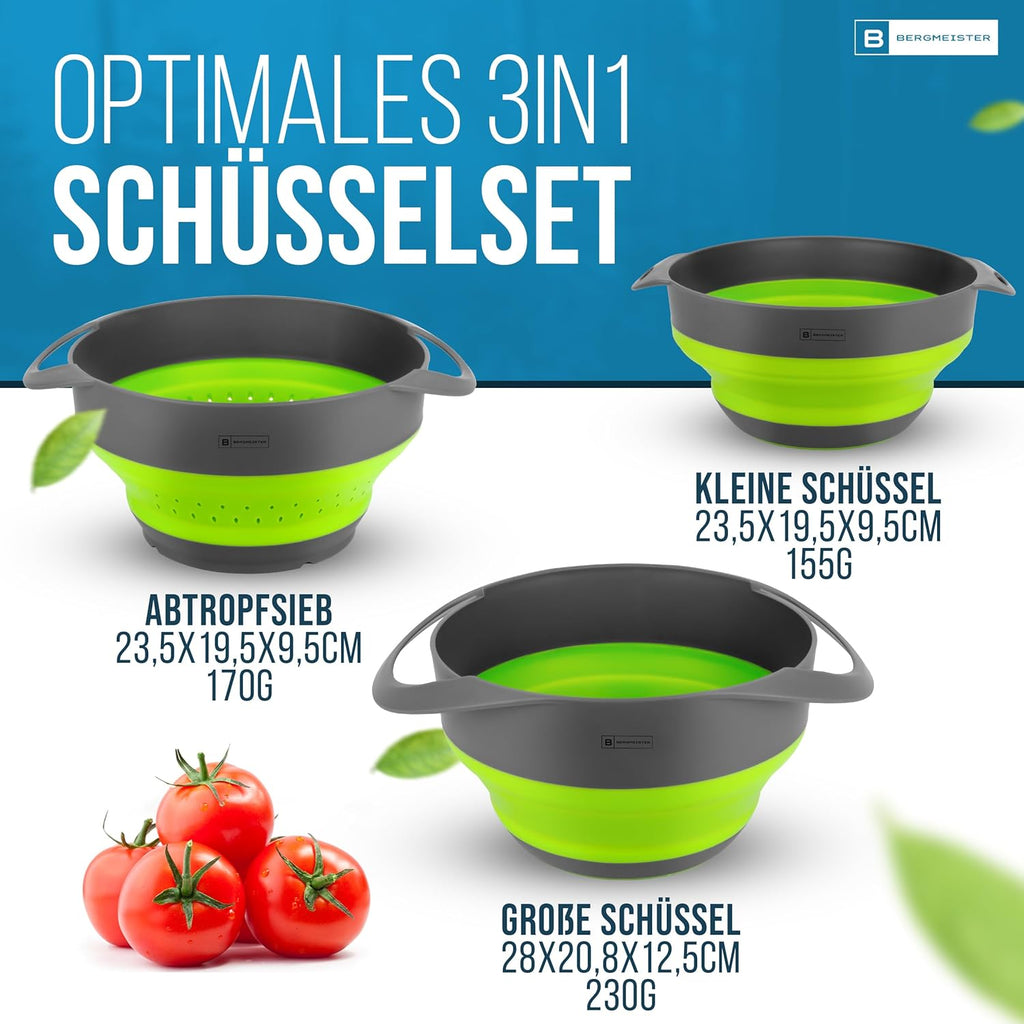 Foldable Bowl Set – 3‑in‑1 Collapsible Bowls with Colander & Noodle Strainer (1.7 L / 2.8 L)