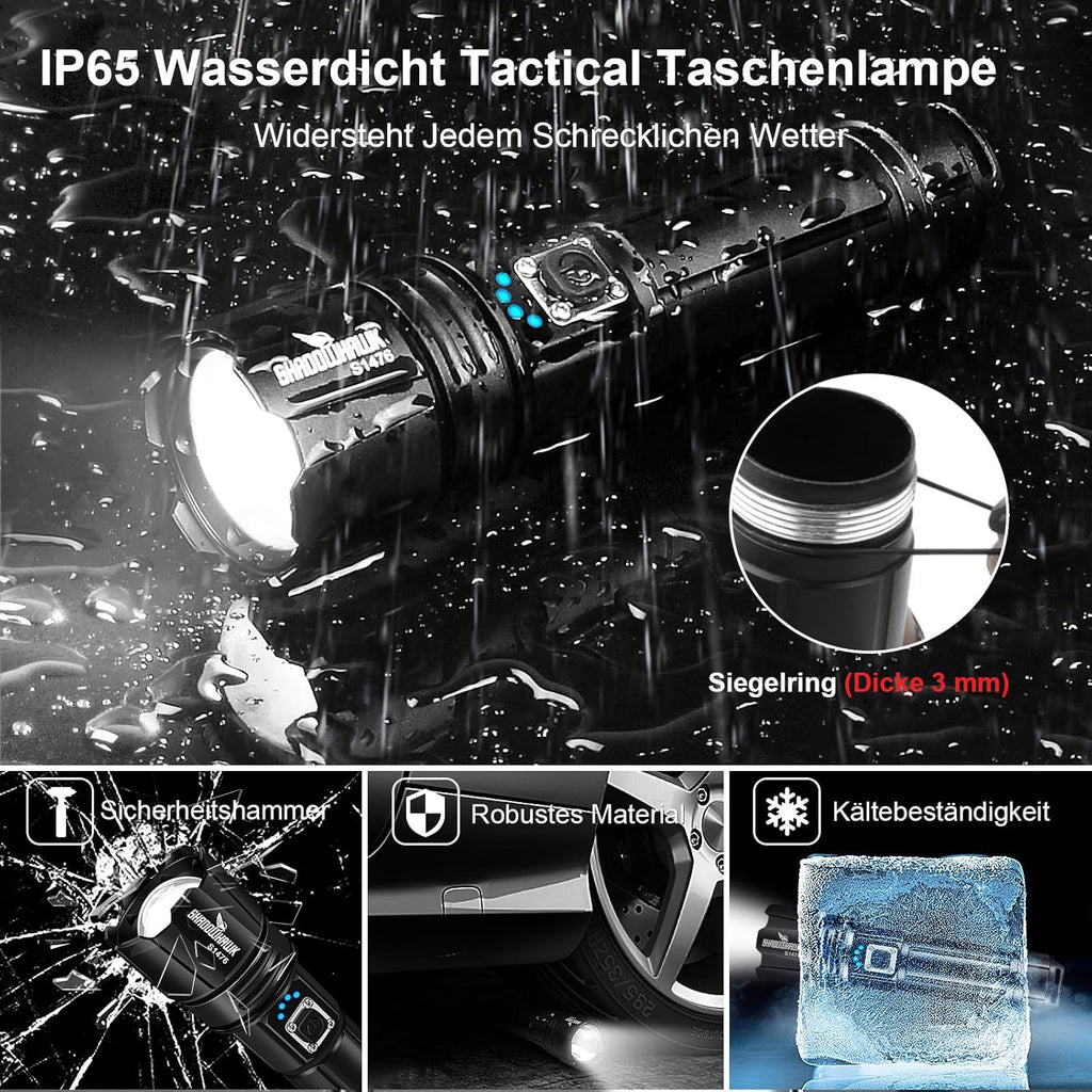 LED Torch – 500,000 Lumens, XHP70.2, USB Rechargeable, IP67 Waterproof, 5 Modes