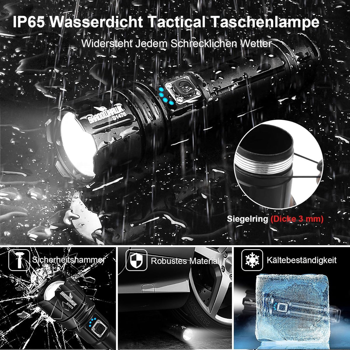 LED Torch – 500,000 Lumens, XHP70.2, USB Rechargeable, IP67 Waterproof, 5 Modes
