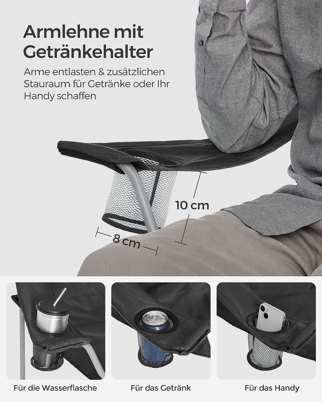 Set of 2 Folding Chairs, Camping Chairs, Comfortable Heavy Duty Structure, Maximum Load 150 kg, with Drink Holder, Outdoor