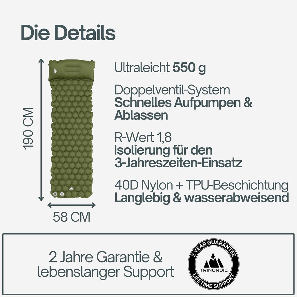 Camping Sleeping Mat – Ultralight Inflatable, Built‑In Pillow, Compact, 190×58×5 cm, Forest Green