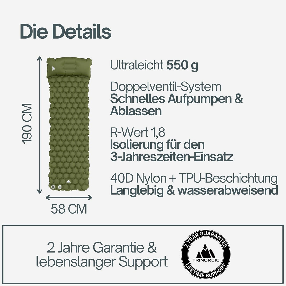 Camping Sleeping Mat – Ultralight Inflatable, Built‑In Pillow, Compact, 190×58×5 cm, Forest Green