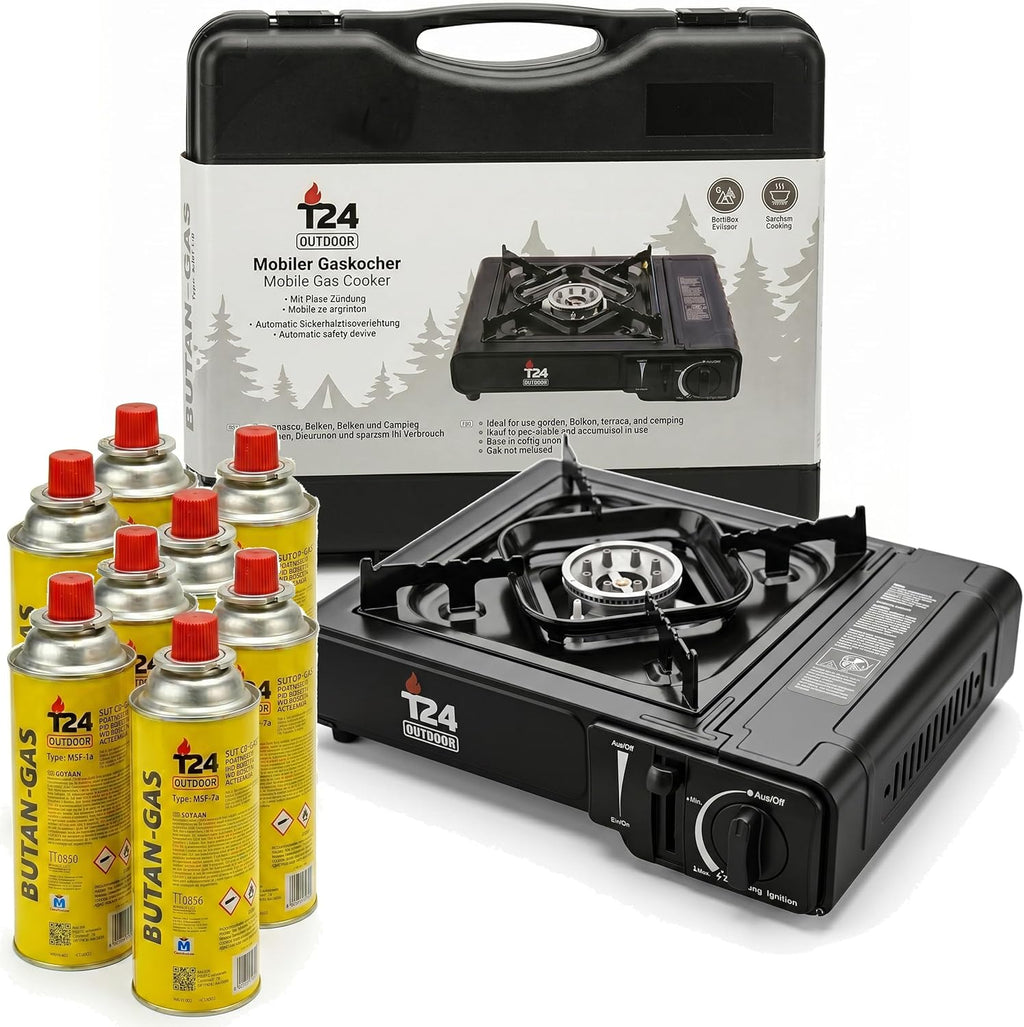 Gas Stove Set – Portable Butane Camping Stove with Piezo Ignition, Flame Protection & 8 × 227 g Gas Cartridges (Matte Black)