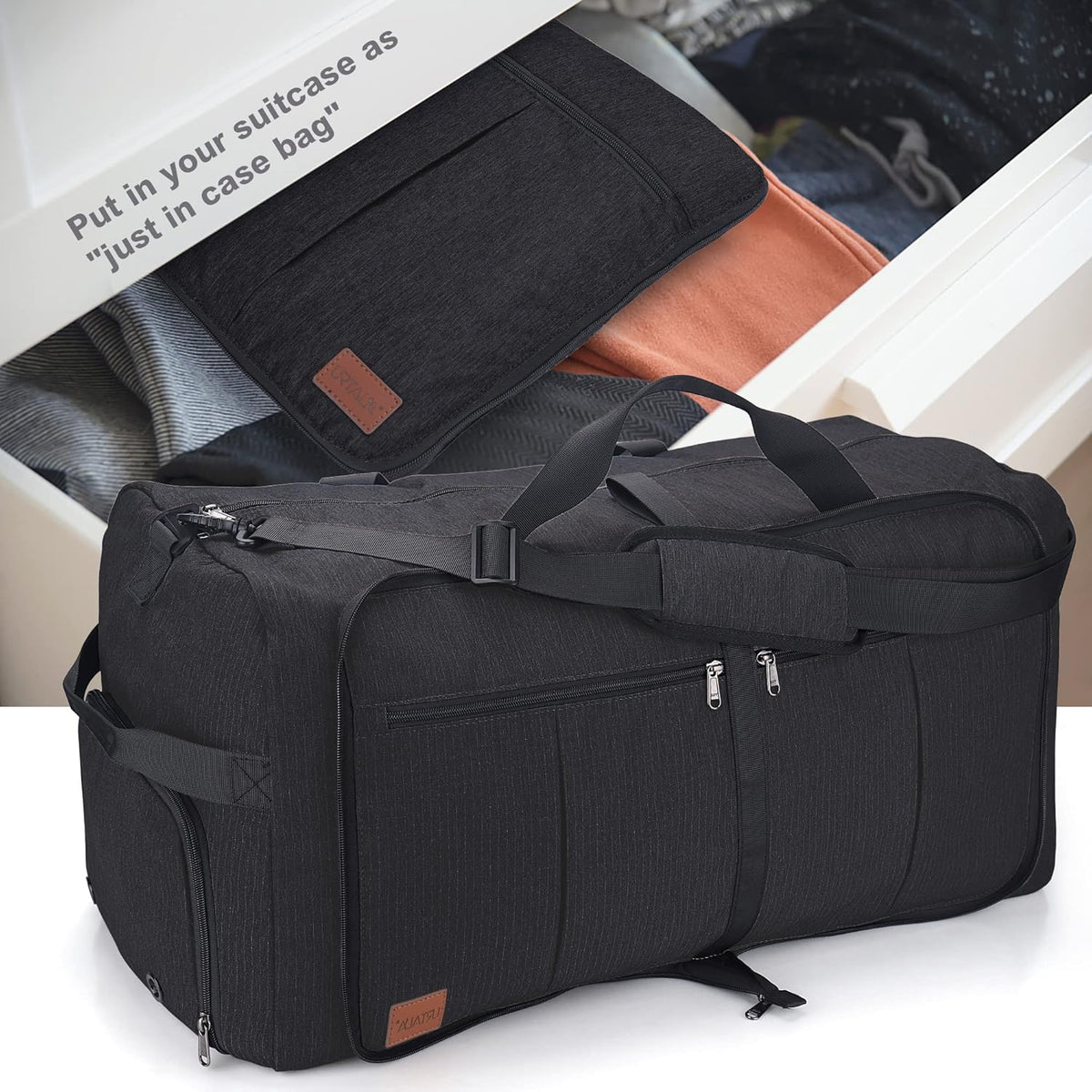 Large Weekender Travel Bag – 120 L, Foldable, Waterproof, Shoe Compartment, Multiple Pockets, Adjustable Strap (Black)