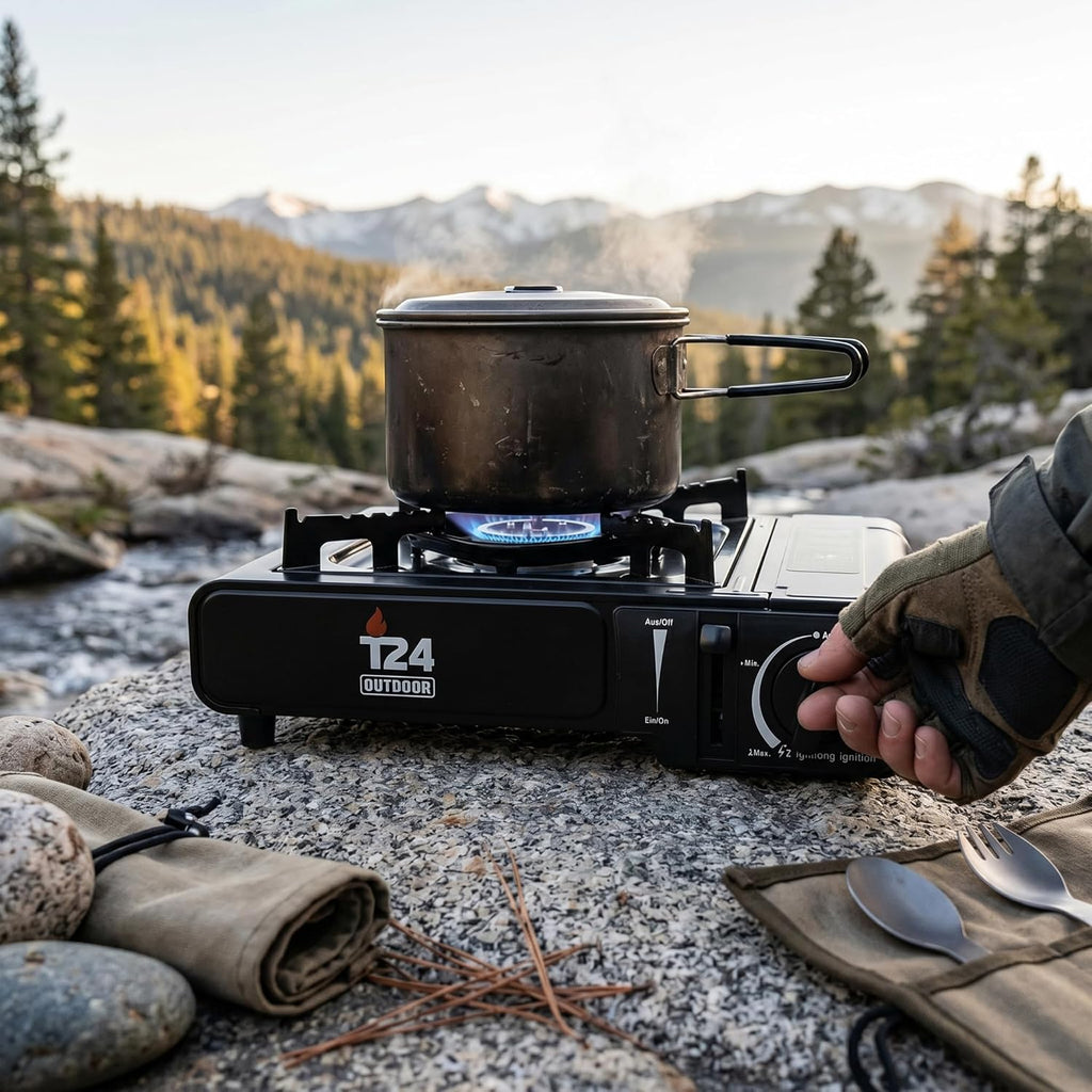 Gas Stove Set – Portable Butane Camping Stove with Piezo Ignition, Flame Protection & 8 × 227 g Gas Cartridges (Matte Black)