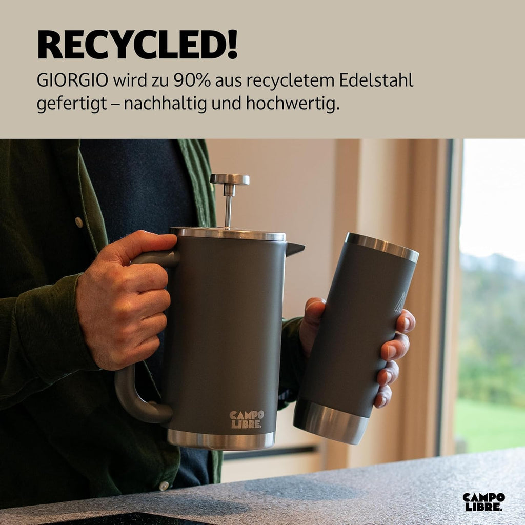 French Press Coffee Maker – Double‑Walled Stainless Steel (0.6 L) – Plastic‑Free, Thermal, 100% Recycled Steel