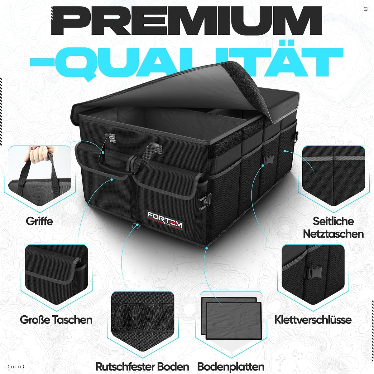 Car Boot Organiser – Foldable, Reinforced Design, Non‑Slip Base, Adjustable Straps, Removable Lid (Black, Standard)