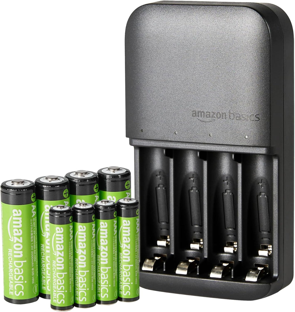 Rechargeable NiMH Batteries + Charger – 4 AA (2000 mAh) & 4 AAA (800 mAh), EU Plug, 8‑Pack