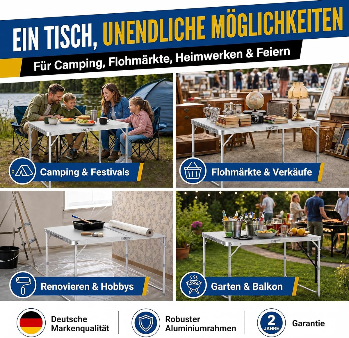 Multifunctional folding table, for camping, markets, wallpaper table, for festivals in the garden, height-adjustable